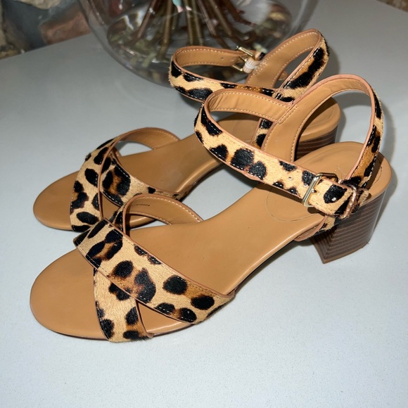 J. Crew Leopard Calf Hair Low Block Heel Sandals, Size 8.5 - Picture 1 of 7